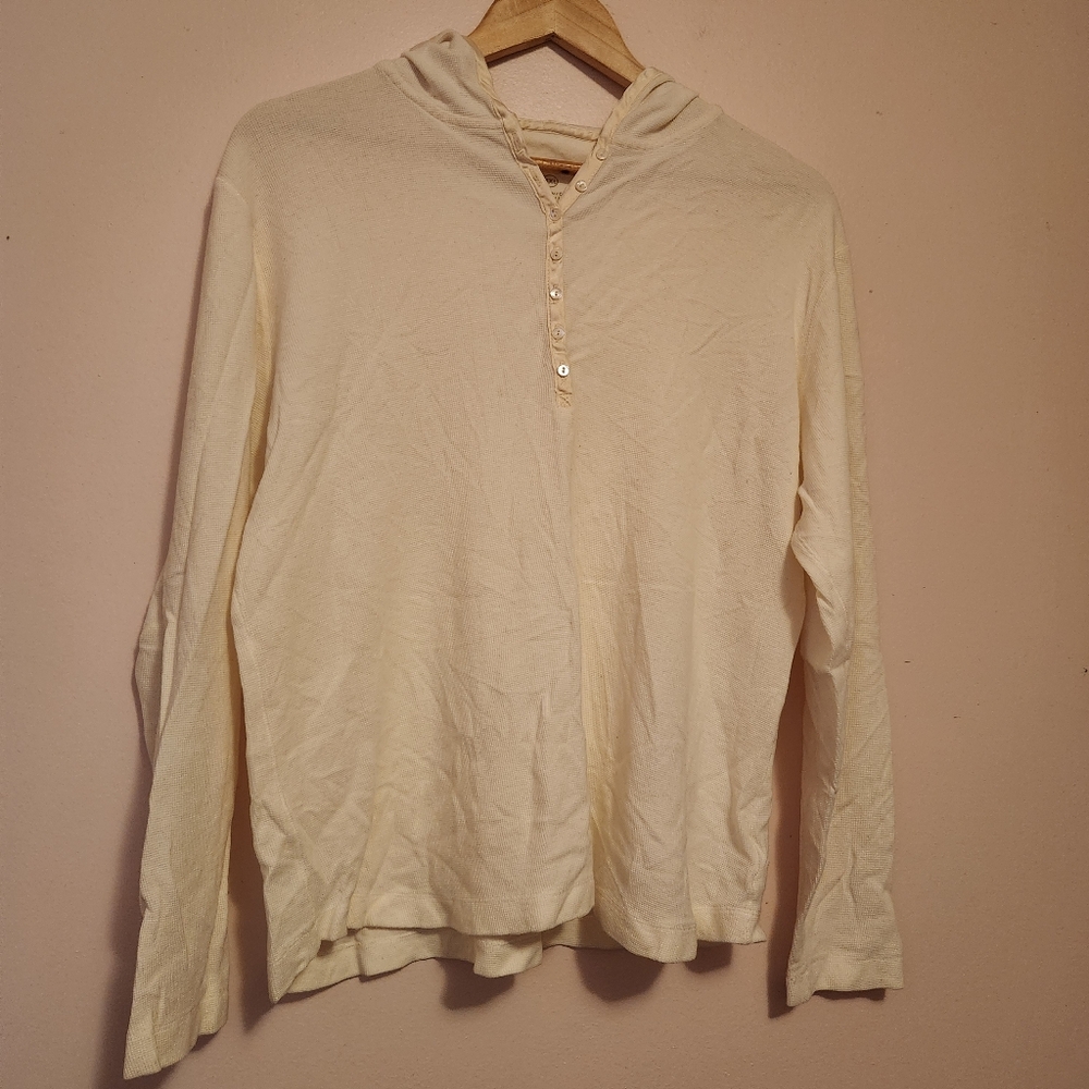 Eddie Bauer Womens Cream Pima Cotton Waffle Knit Henley Hoodie Top Y2K XXL